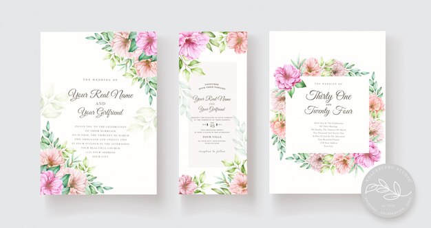 Conjunto de tarjeta de invitación acuarela floral y hojas