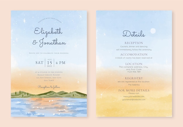 Conjunto de tarjeta de invitación de boda de acuarela con cielo al atardecer y vista a la montaña