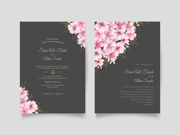 conjunto de tarjeta de invitación de boda de flor de cerezo romántico