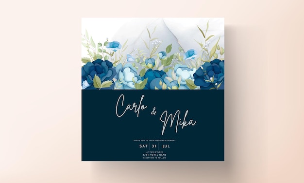 Conjunto de tarjeta de invitación de boda floral azul