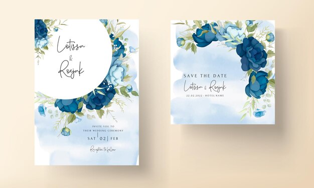 Conjunto de tarjeta de invitación de boda floral azul