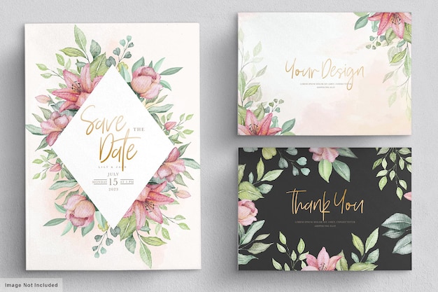 Conjunto de tarjeta de invitación de boda floral dibujada a mano