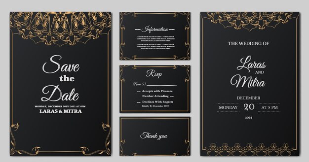 Conjunto de tarjeta de invitación de boda floral monoline de lujo