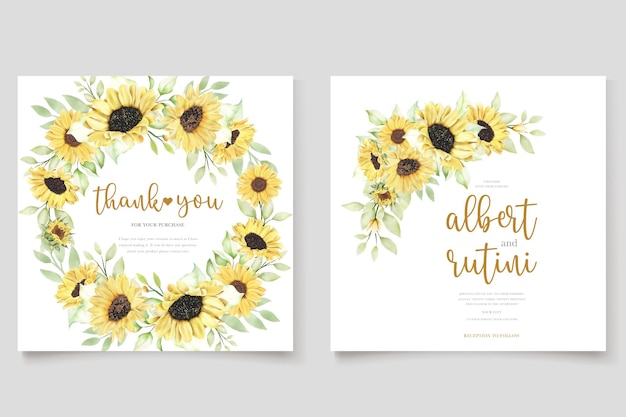 Conjunto de tarjeta de invitación de boda de girasoles acuarela