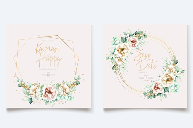 Vector gratuito conjunto de tarjeta de invitación de boda de peonías dibujadas a mano rojo suave