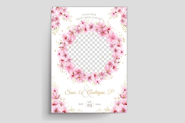 Conjunto de tarjeta de invitación de boda de primavera de flor de cerezo acuarela