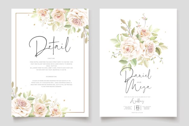 conjunto de tarjeta de invitación de boda con rosas florales dibujadas a mano