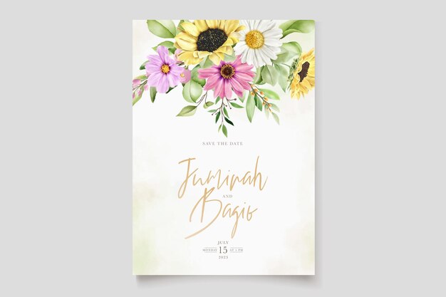 conjunto de tarjeta de invitación de flor de sol y margarita dibujada a mano