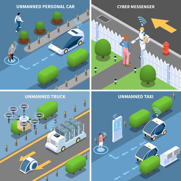 Vector gratuito conjunto de tarjeta isométrica de vehículos y robots autónomos