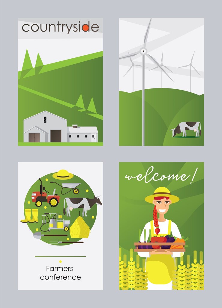 Conjunto de tarjeta o cartel plano vertical de granja y campo aislado