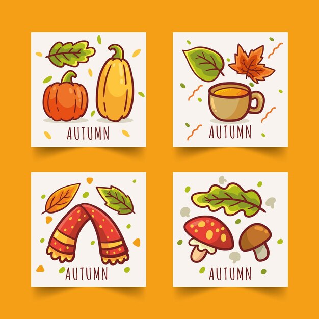 Conjunto de tarjeta otoño dibujado a mano