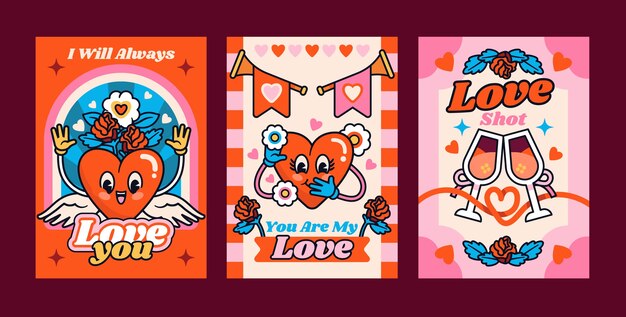 Conjunto de tarjetas de amor dibujadas a mano