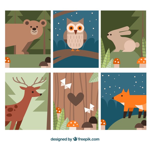 Conjunto de tarjetas de animales con diseño plano