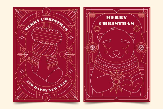 Conjunto de tarjetas de arte de línea de navidad dibujadas a mano