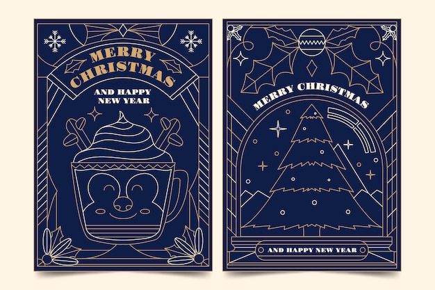 Conjunto de tarjetas de arte de línea de navidad dibujadas a mano