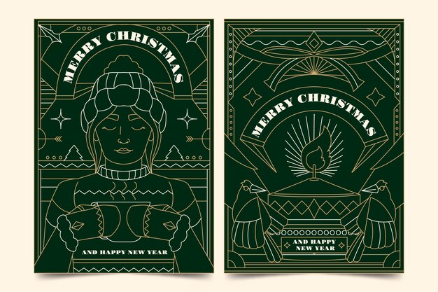 Conjunto de tarjetas de arte de línea de navidad dibujadas a mano