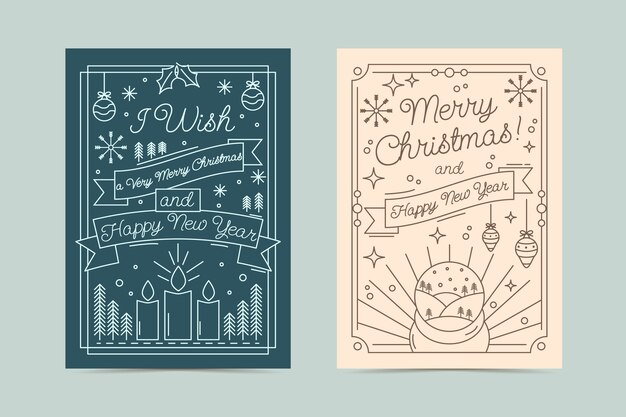 Conjunto de tarjetas de arte de línea de navidad dibujadas a mano