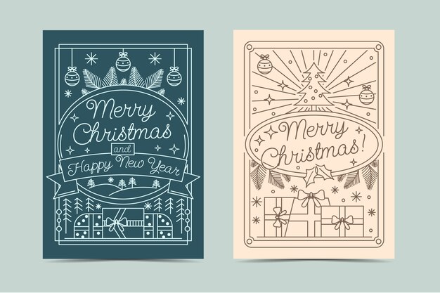 Conjunto de tarjetas de arte de línea de navidad dibujadas a mano