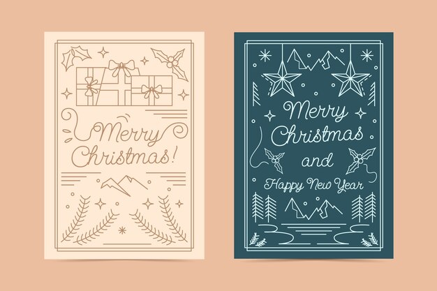 Conjunto de tarjetas de arte de línea de navidad dibujadas a mano