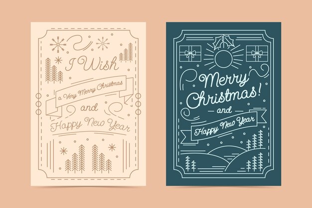 Conjunto de tarjetas de arte de línea de navidad dibujadas a mano