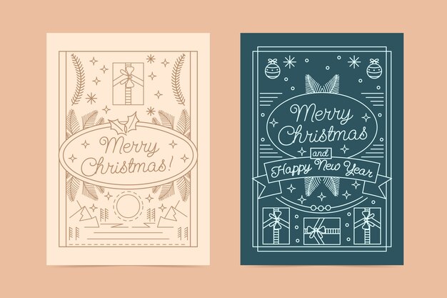 Conjunto de tarjetas de arte de línea de navidad dibujadas a mano