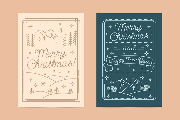 Conjunto de tarjetas de arte de línea de navidad dibujadas a mano