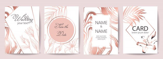 Conjunto de tarjetas de celebración de boda con lugar para texto. Reserva. Flores tropicales. Colores blanco y oro rosa