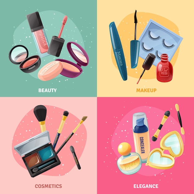 Vector gratuito conjunto de tarjetas de concepto de maquillaje de cosméticos