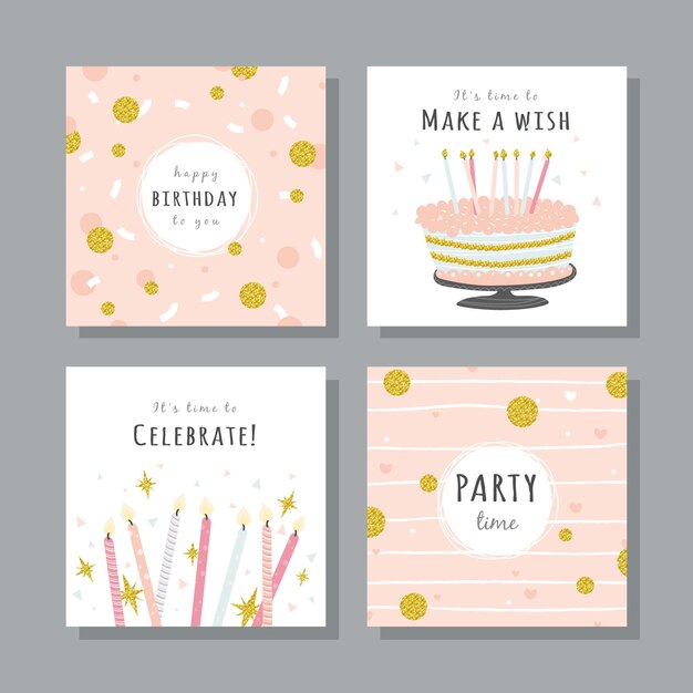 Conjunto de tarjetas de cumpleaños con elementos coloridos de fiesta