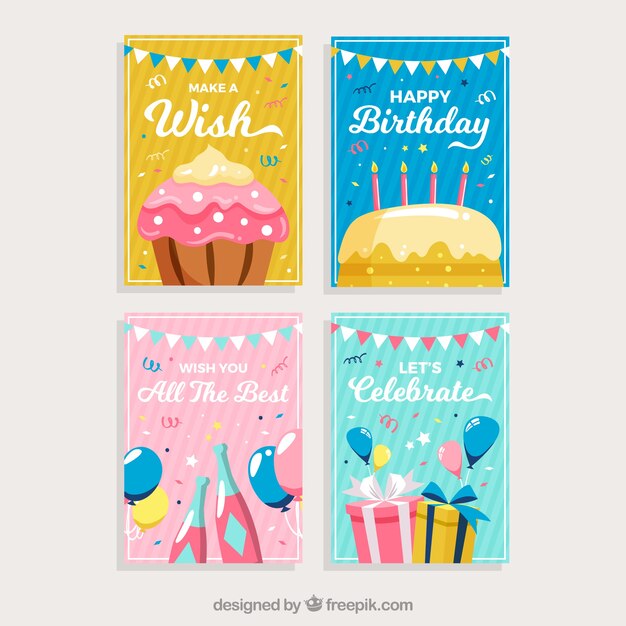 Conjunto de tarjetas de cumpleaños con elementos de fiesta de colores.