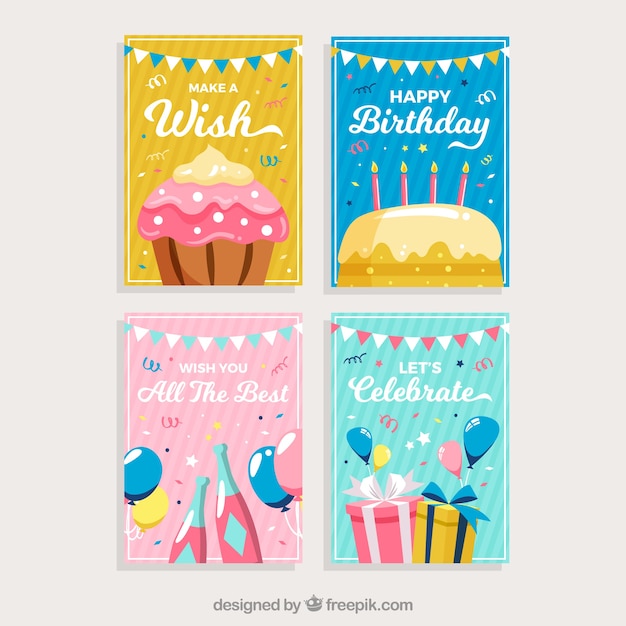 Conjunto de tarjetas de cumpleaños con elementos de fiesta coloridos