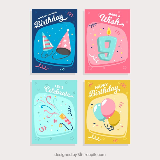 Conjunto de tarjetas de cumpleaños con elementos de fiesta coloridos