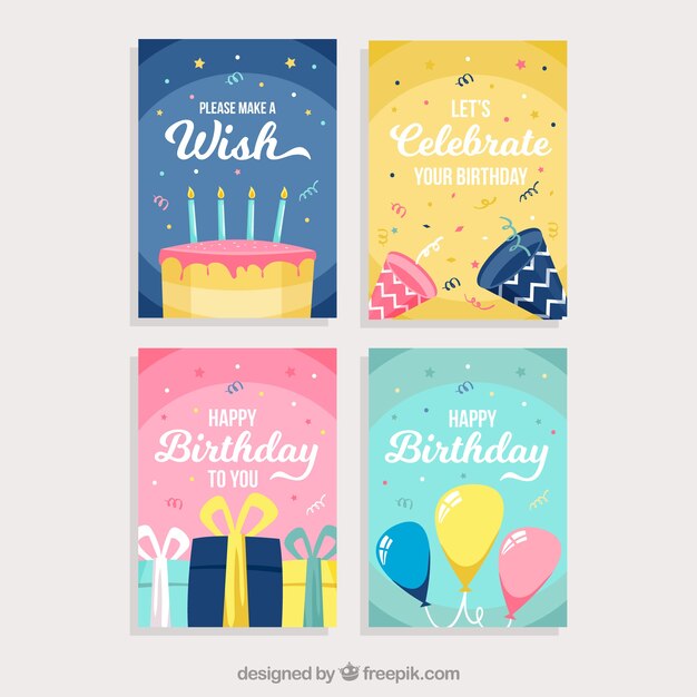 Conjunto de tarjetas de cumpleaños con elementos de fiesta coloridos