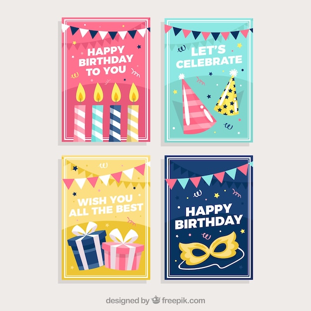 Conjunto de tarjetas de cumpleaños con elementos de fiesta coloridos