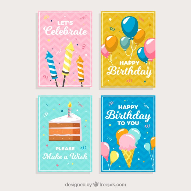 Conjunto de tarjetas de cumpleaños con elementos de fiesta coloridos