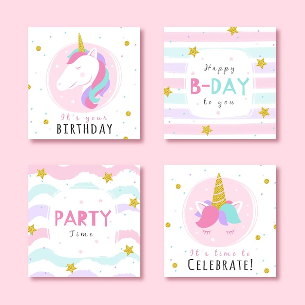 Vector gratuito conjunto de tarjetas de cumpleaños con elementos de fiesta de purpurina.