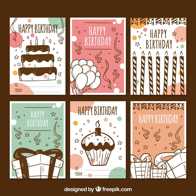 Conjunto de tarjetas de cumpleaños en estilo hecho a mano
