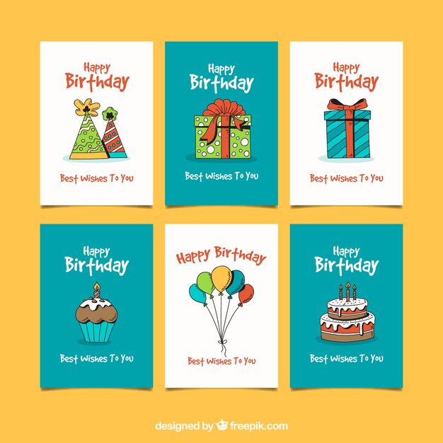Conjunto de tarjetas de cumpleaños en estilo hecho a mano