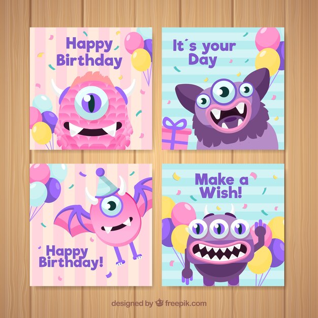 Conjunto de tarjetas de cumpleaños con monstruos divertidos