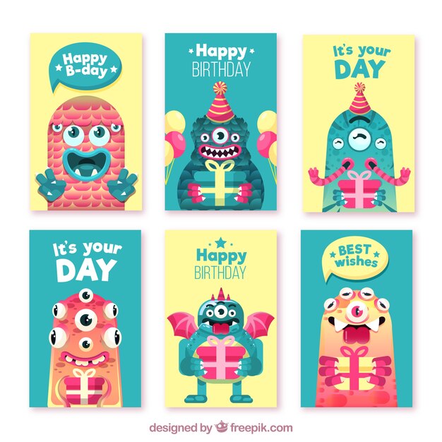 Conjunto de tarjetas de cumpleaños con monstruos divertidos