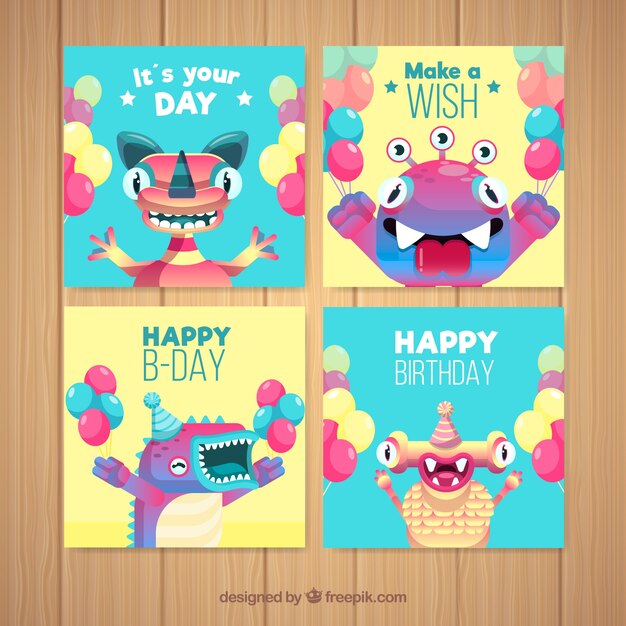 Conjunto de tarjetas de cumpleaños con monstruos divertidos