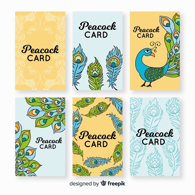 Conjunto de tarjetas con diseños elegantes de pavo real