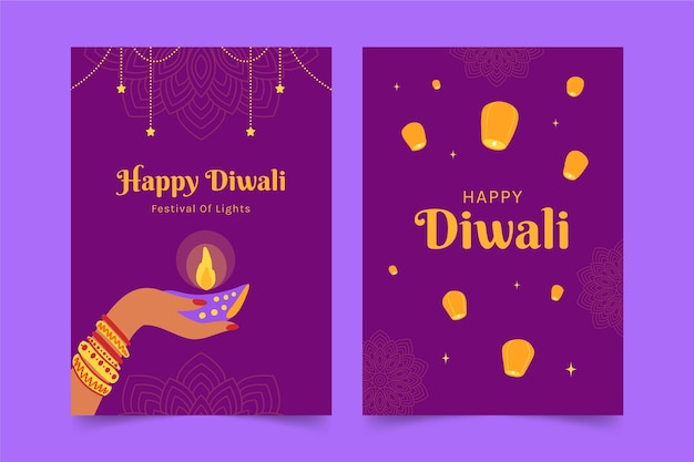 Conjunto de tarjetas de diwali dibujadas a mano