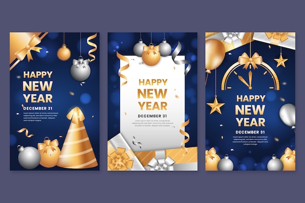 Conjunto de tarjetas de felicitación de año nuevo degradado