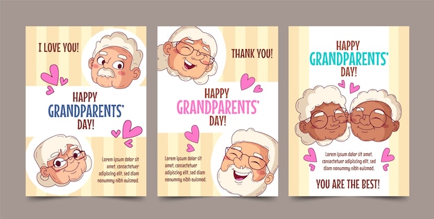 Vector gratuito conjunto de tarjetas de felicitación del día de los abuelos dibujadas a mano