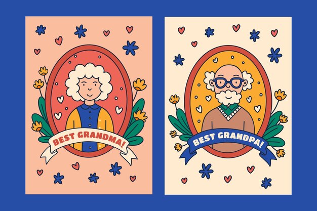 Conjunto de tarjetas de felicitación del día de los abuelos dibujadas a mano