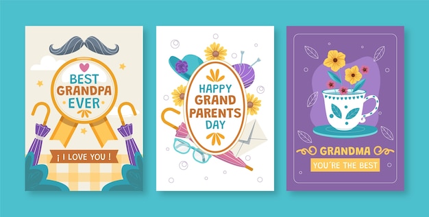 Vector gratuito conjunto de tarjetas de felicitación del día de los abuelos planas