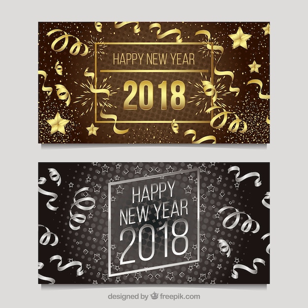 Conjunto de tarjetas de felicitación doradas y plateadas para año nuevo