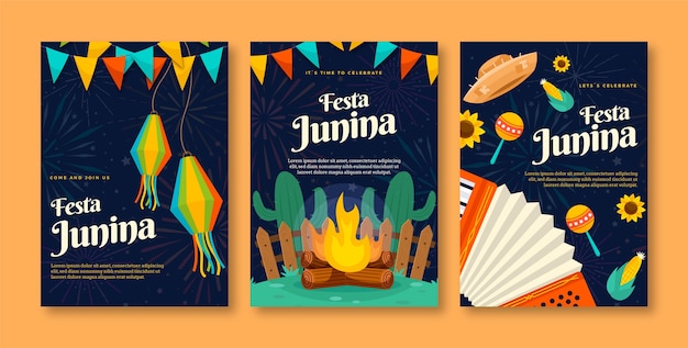 Conjunto de tarjetas de felicitación de festas juninas planas