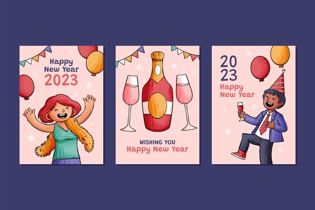 Conjunto de tarjetas de felicitación de fin de año dibujadas a mano